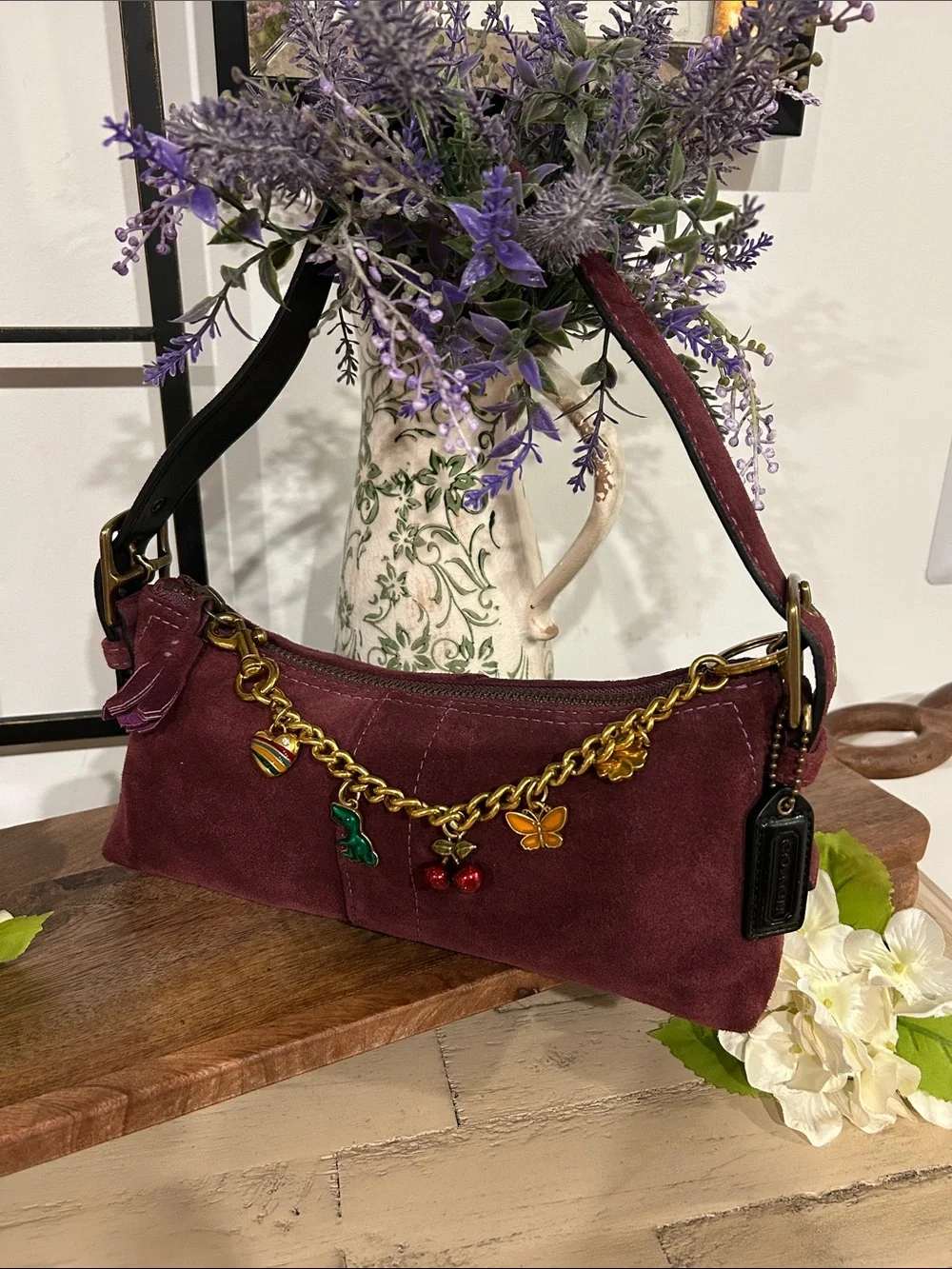 Coach Burgundy Suede Shoulder Bag with Gold Charm Chain
